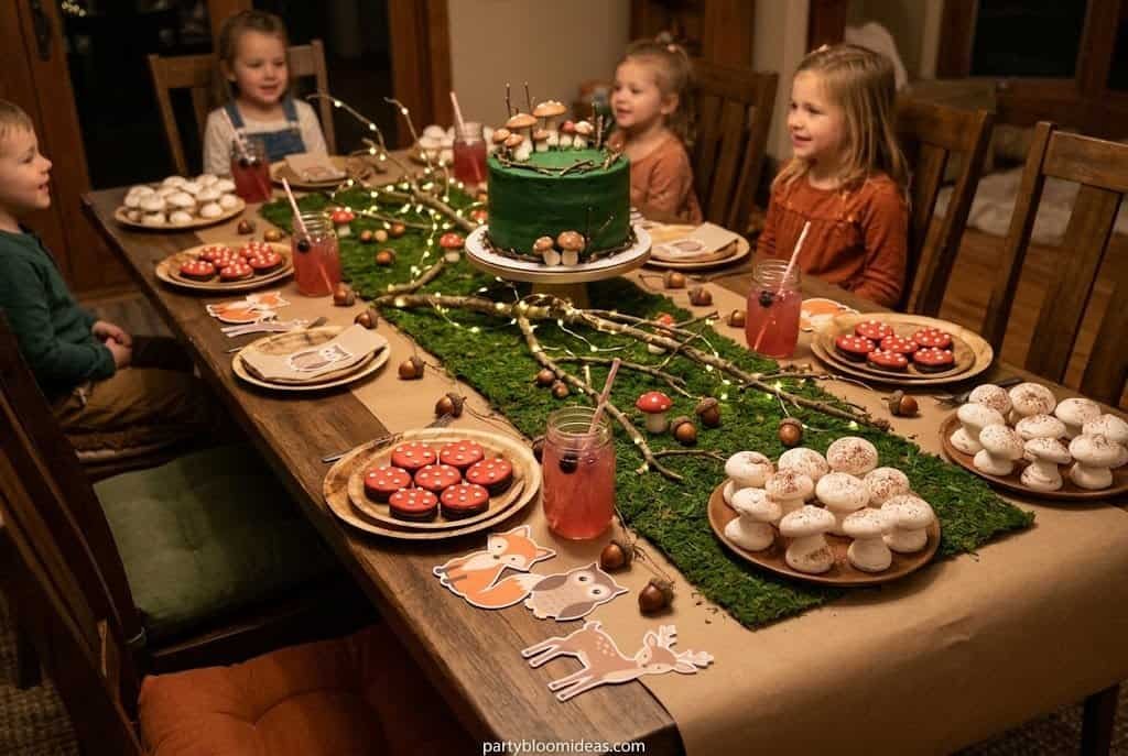 Enchanted forest birthday table with moss runner, acorn fairy lights, and woodland accents
