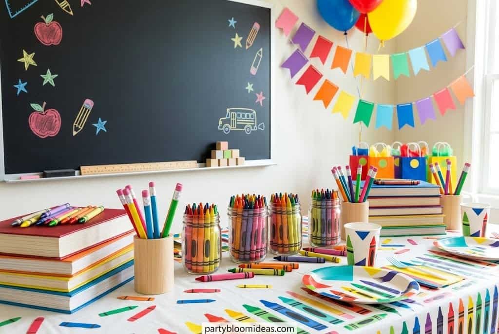 Classroom-inspired party setup with black chalkboard decor, colorful crayon balloons, and school-themed treats.