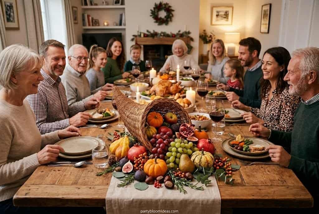 Family gathered around a Thanksgiving dinner table with a harvest cornucopia centerpiece
