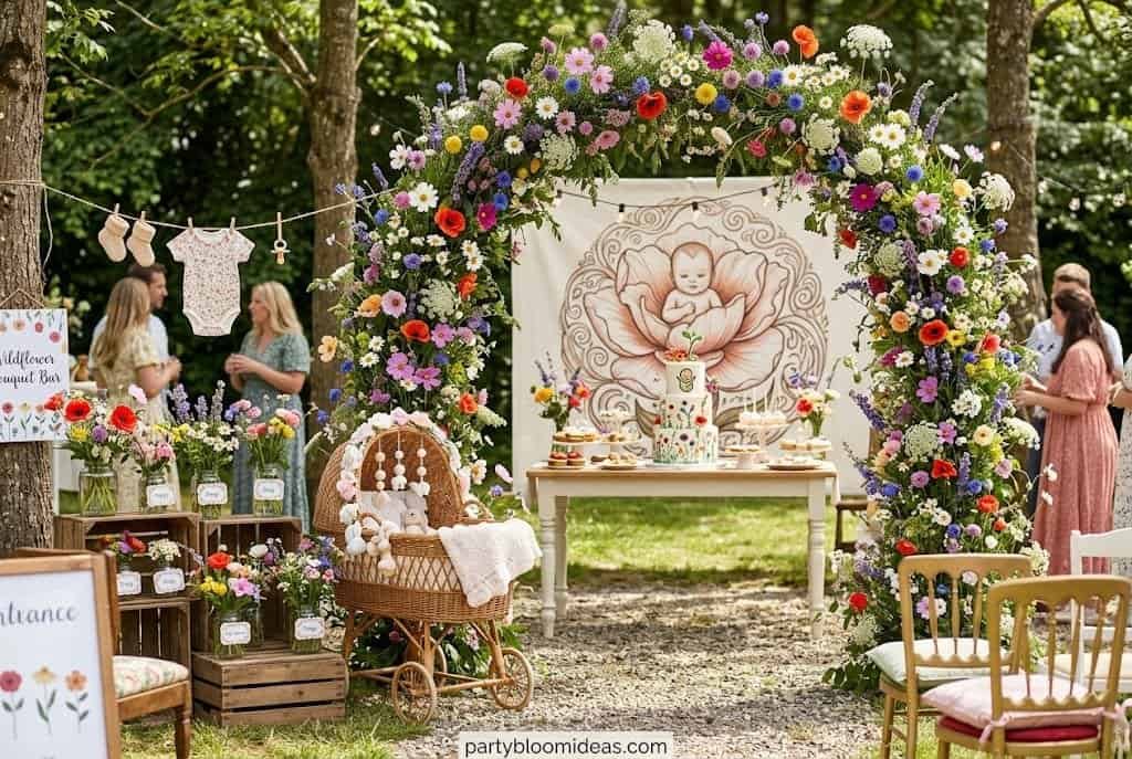 Beautiful floral arch for baby shower with colorful flowers and greenery.