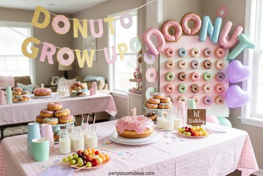 Donut Grow Up first birthday party with pastel donut decorations, donut wall, and colorful sprinkle-themed cake
