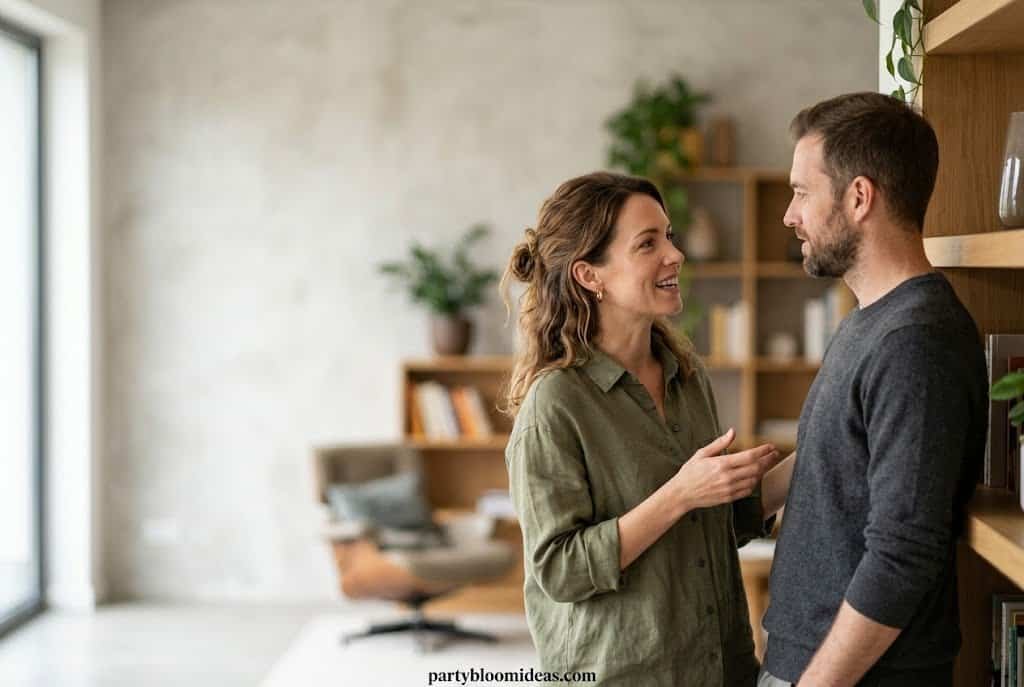 Two friends planning a surprise party, discussing secret plans indoors.