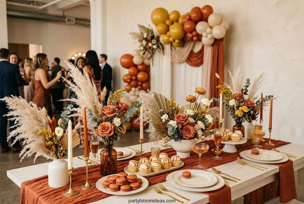 Cozy fall party color palette with rust orange, mustard, cream decor, and dried pampas grass.