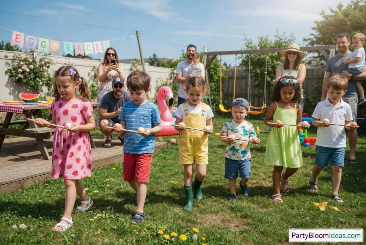 Young children balancing eggs on spoons while racing across a grassy yard