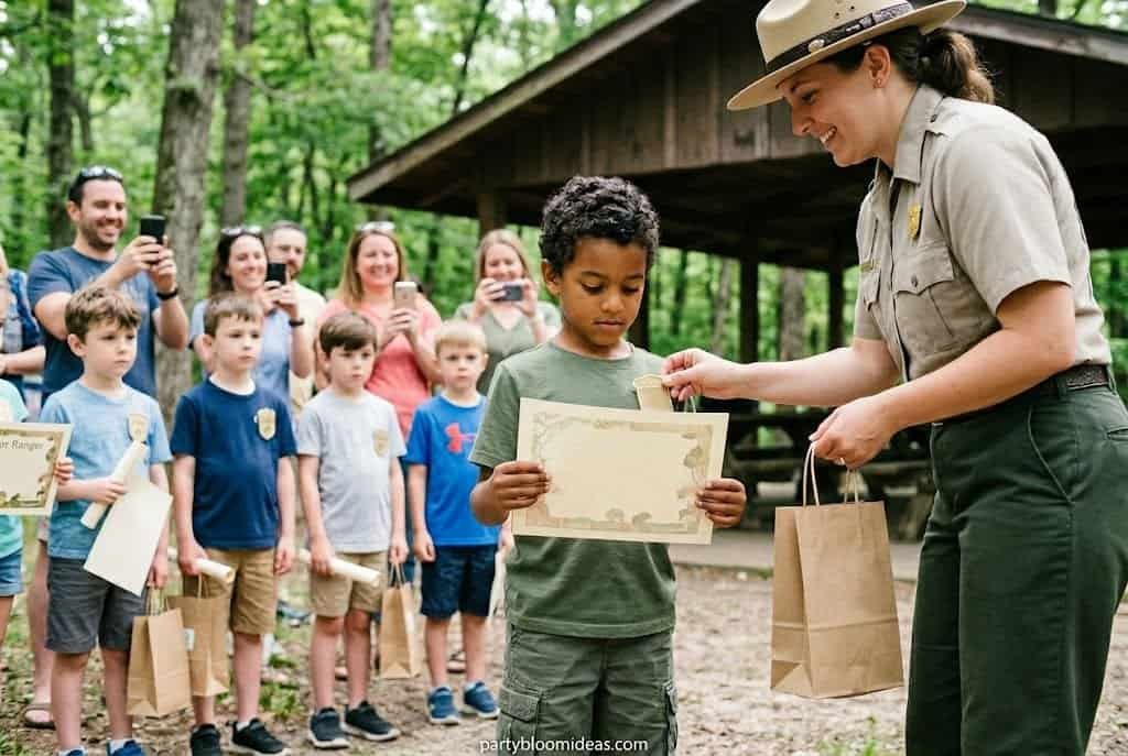 Kids holding Junior Ranger certificates at the end of a camping birthday party ceremony