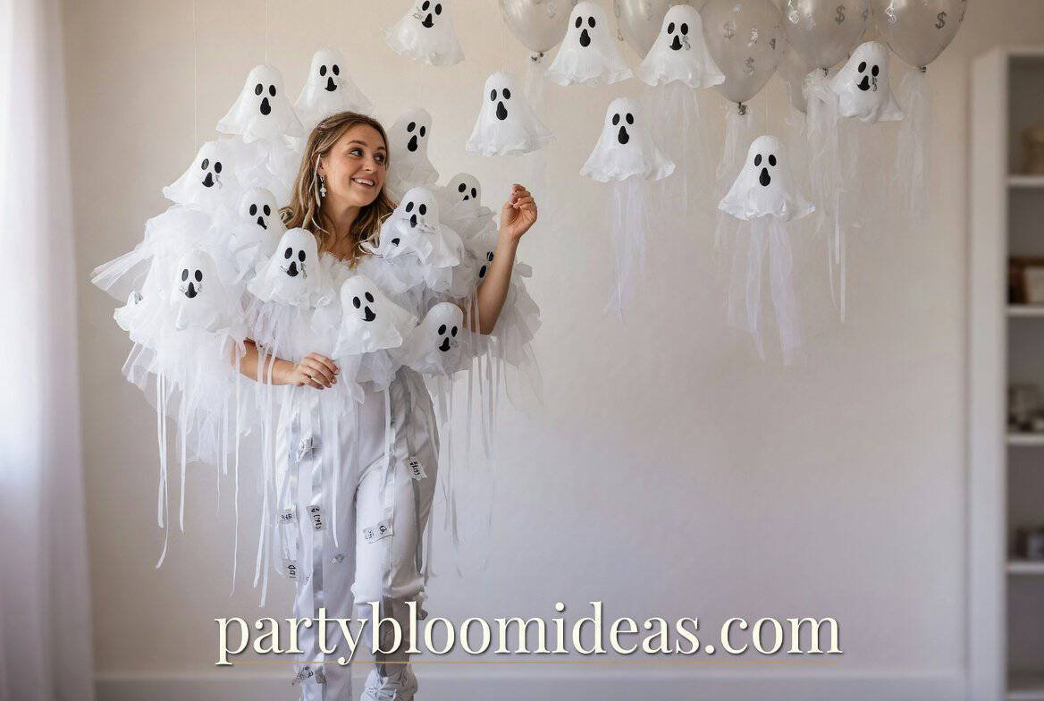 Floating cheesecloth ghosts with glowing LED lights hanging from porch trees for DIY Halloween decorations.