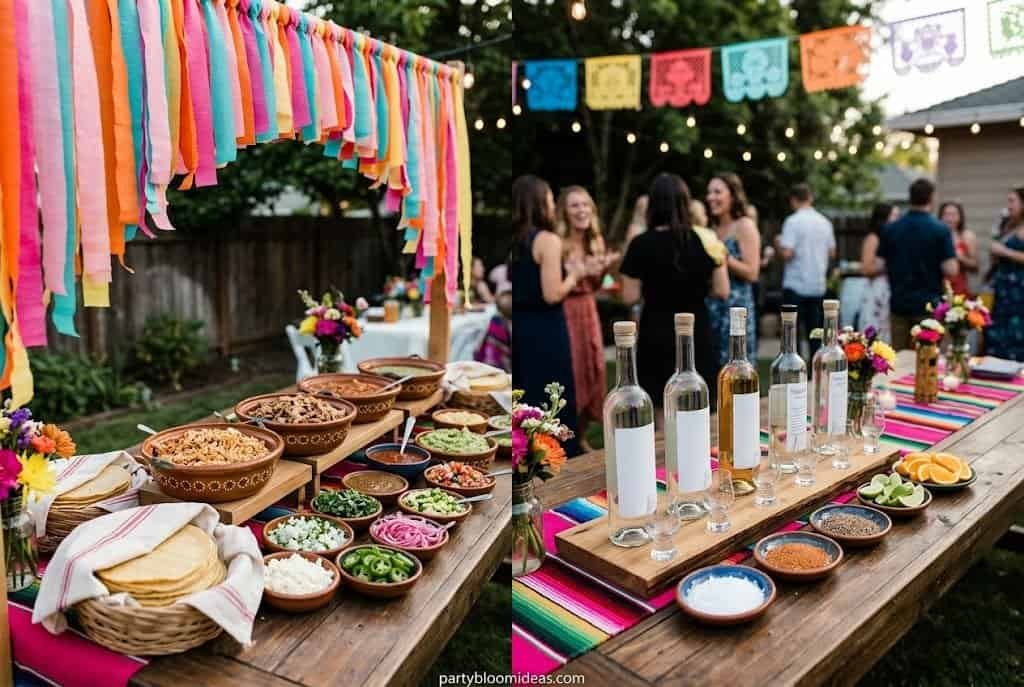 Vibrant outdoor taco bar party with snacks, drinks, and guests enjoying a festive gathering