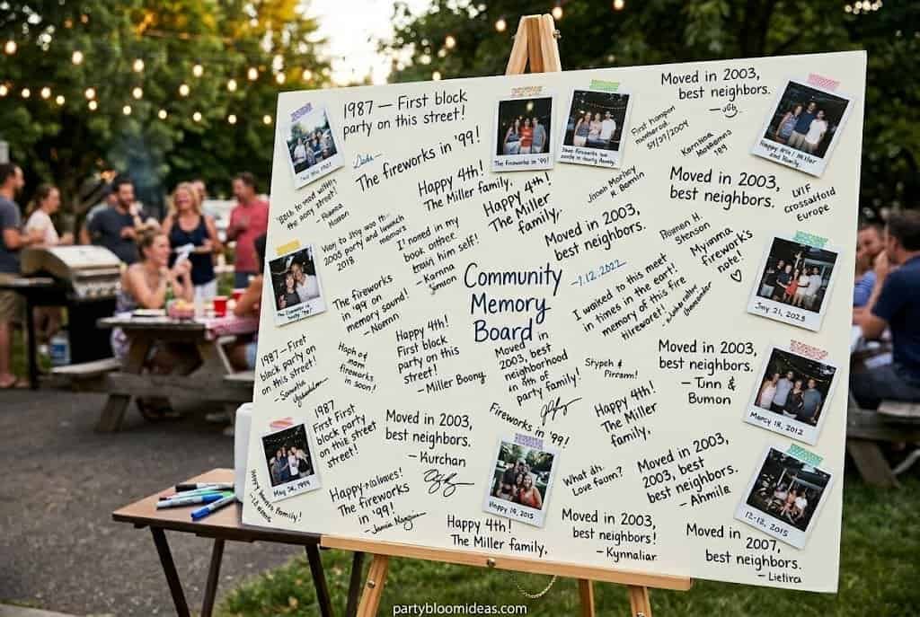 Community memory board with neighborhood memories and notes at a party