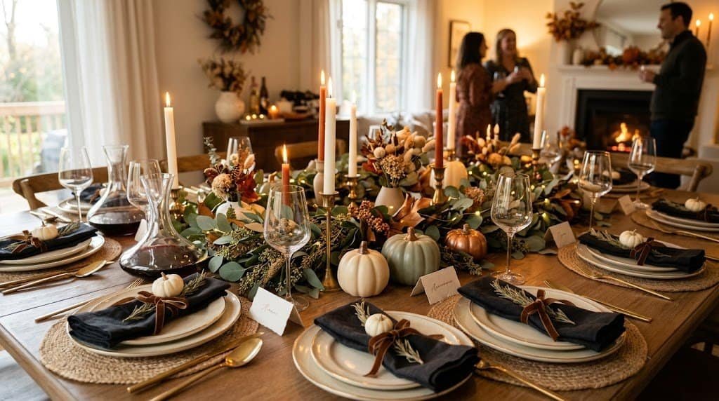 Beautiful autumn-themed table decor featuring candles, pumpkins, and floral arrangements for a festi.