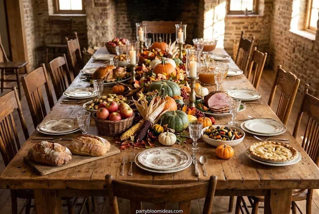 Classic harvest-style Friendsgiving table with linen runner, mismatched plates, candles, and pumpkins