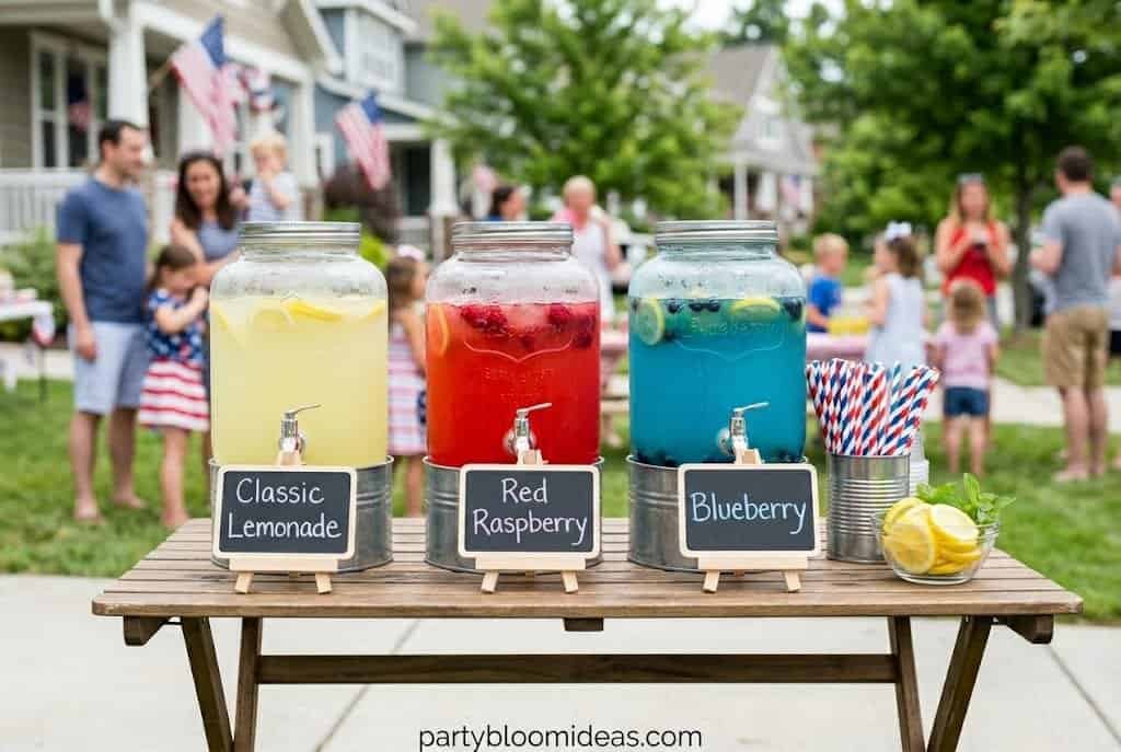 Patriotic lemonade bar with red, white, and blue drinks in glass dispensers