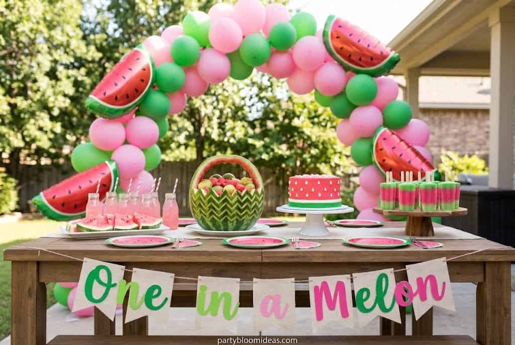 Colorful watermelon balloon arch for summer celebration.