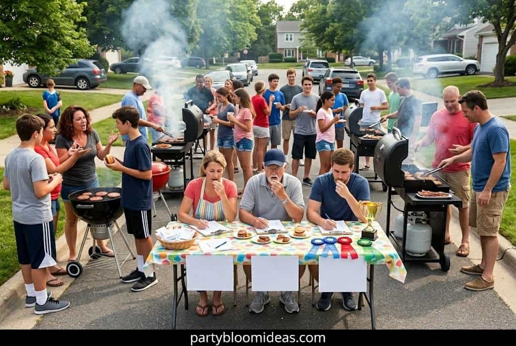 Outdoor barbecue cook-off with friends grilling and socializing at a festive gathering