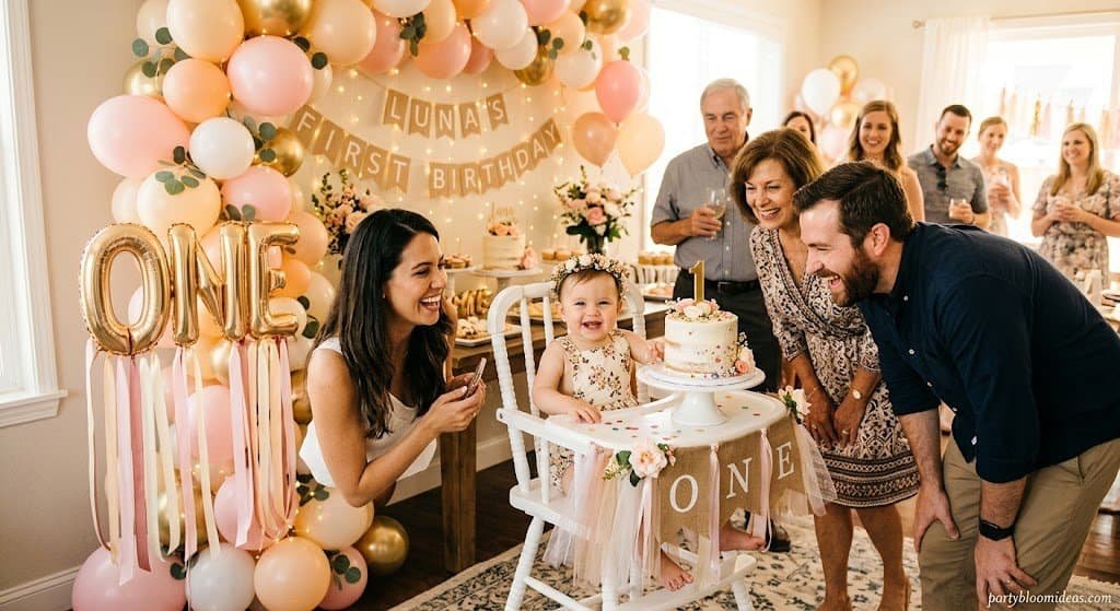 Cozy family celebrating a baby's first birthday at a small intimate home party with soft decorations first birthday party ideas