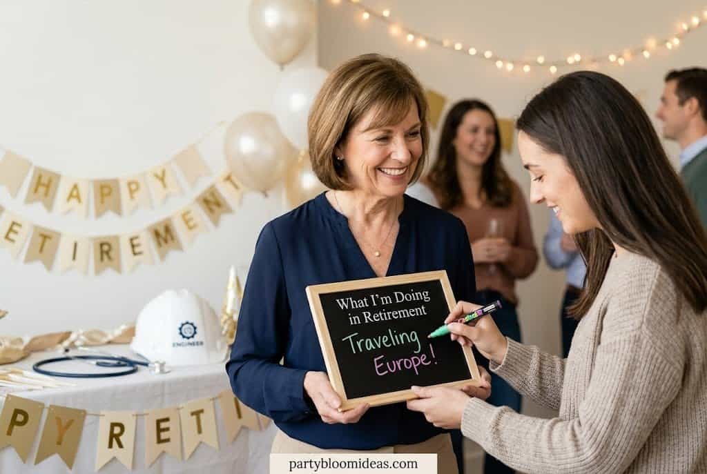 Creative retirement party photo booth with career-themed props, chalkboard signs, and guests taking fun retirement photos.