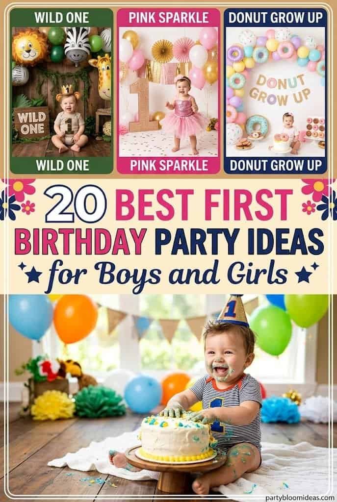 Colorful first birthday party setup with balloons, cake, and joyful children.