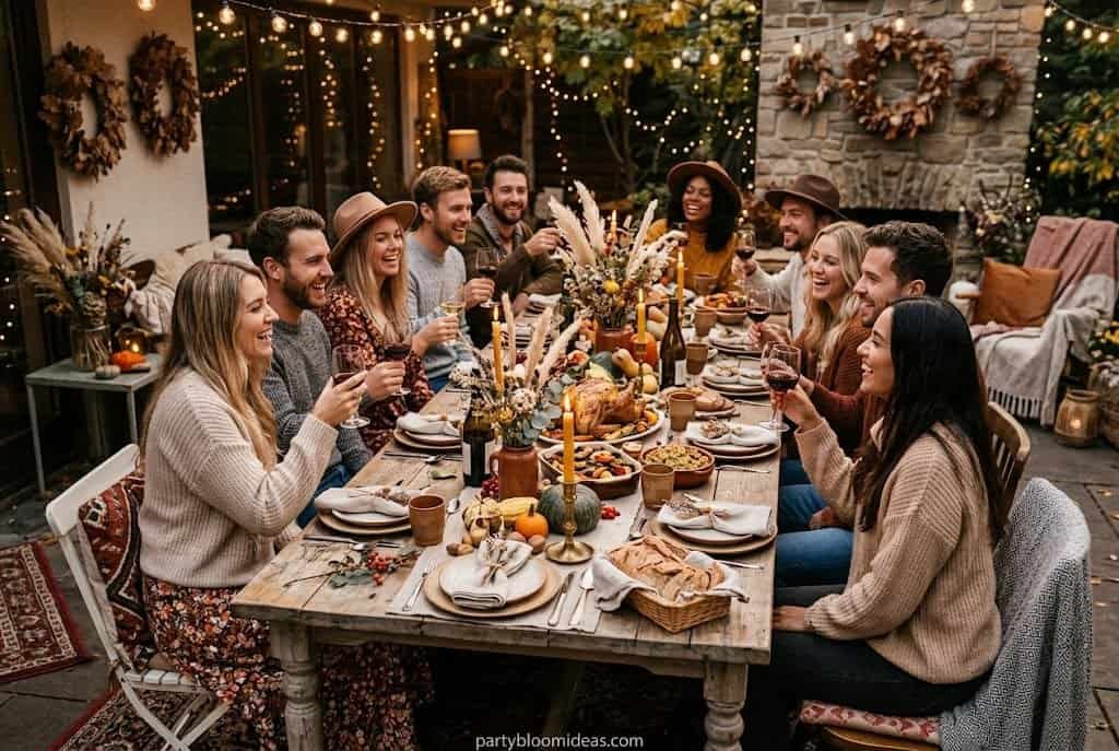 Boho Friendsgiving table decor with pampas grass, rattan chargers, neutral tones, and cozy autumn styling