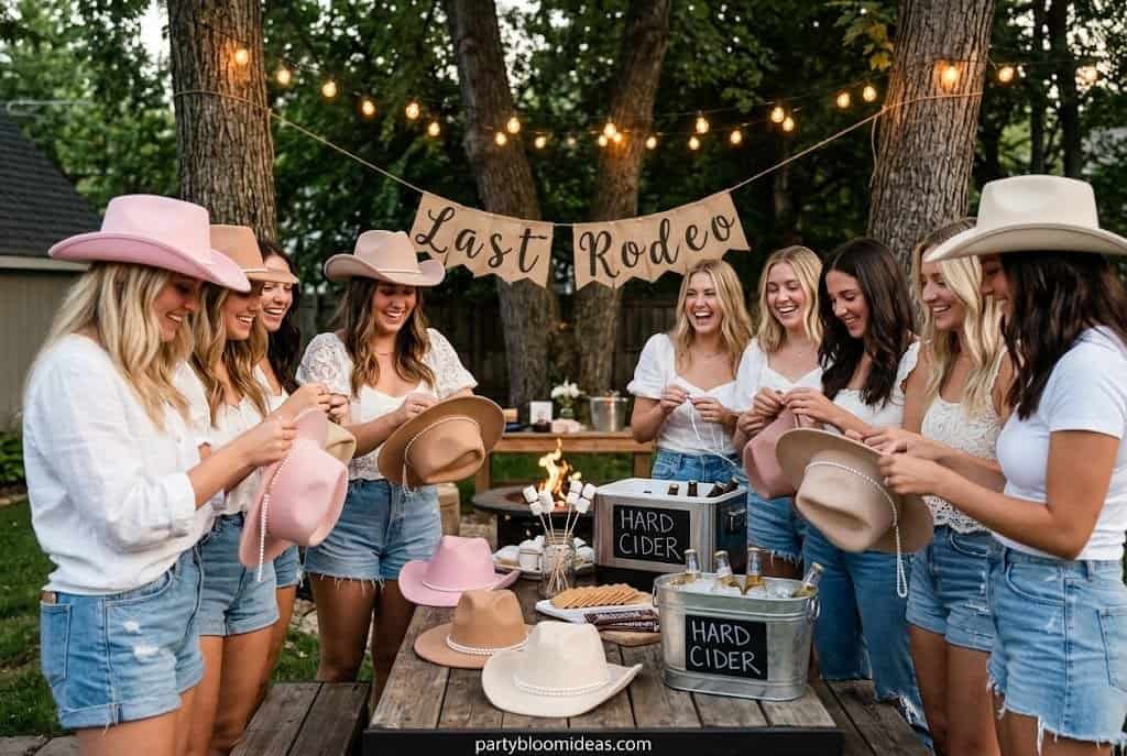 Coastal cowgirl bachelorette party backyard setup with string lights