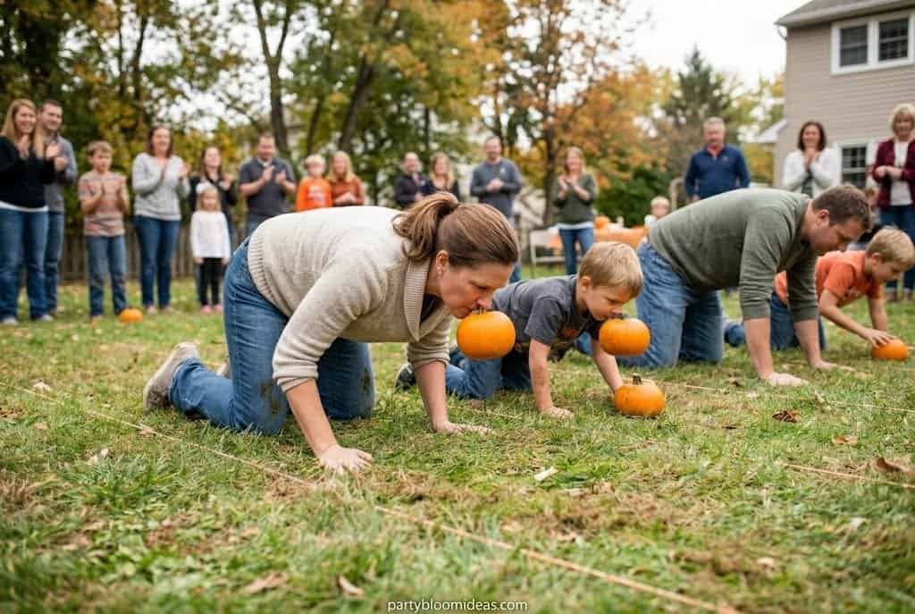 Adults and kids rolling mini pumpkins across a backyard lawn during Thanksgiving games