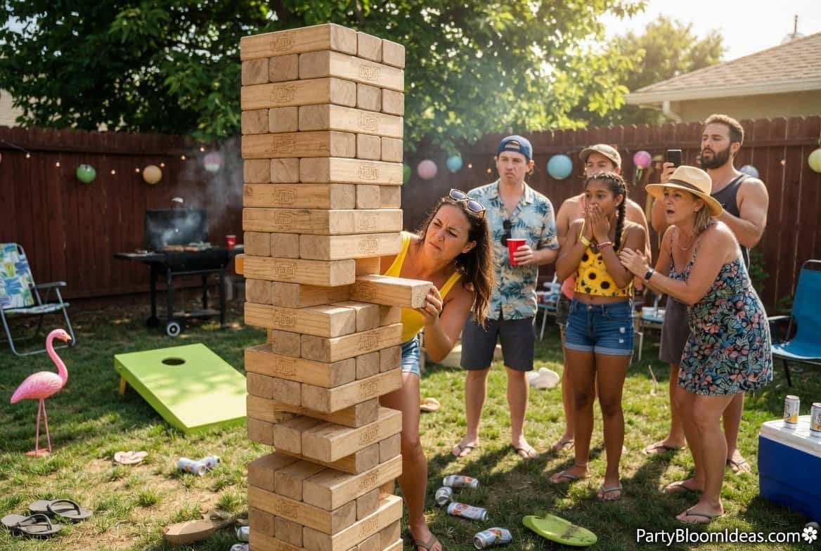 Family playing giant Jenga outdoors with a tall wooden block tower about to fall