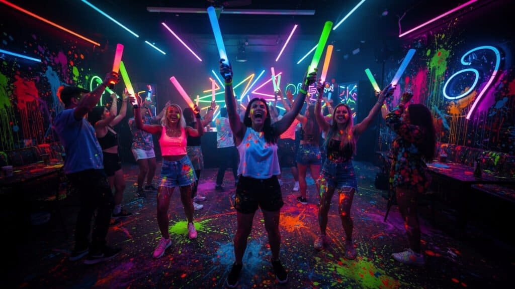 Group of people dancing at a vibrant neon glow dance party.