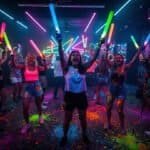 Group of people dancing at a vibrant neon glow dance party.