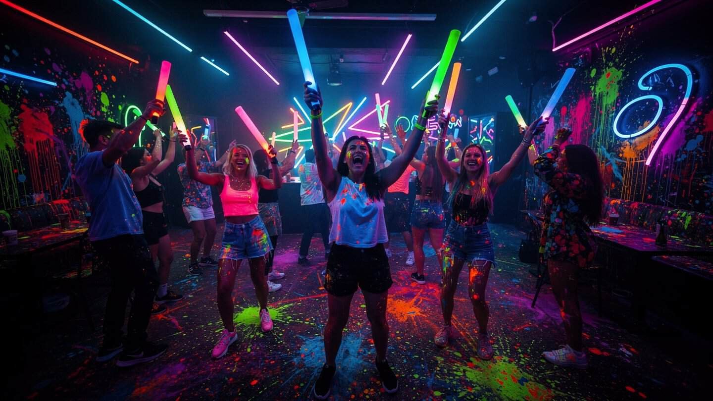 Group of people dancing at a vibrant neon glow dance party.