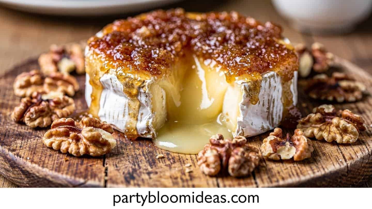 Baked brie with walnuts melting on a rustic wooden board with crackers