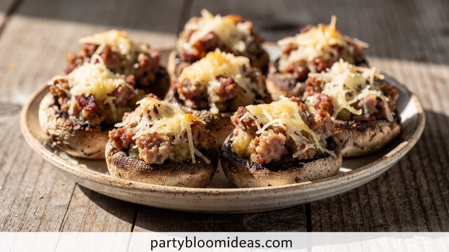 Stuffed mushrooms topped with sausage, cheese, and herbs on a baking tray