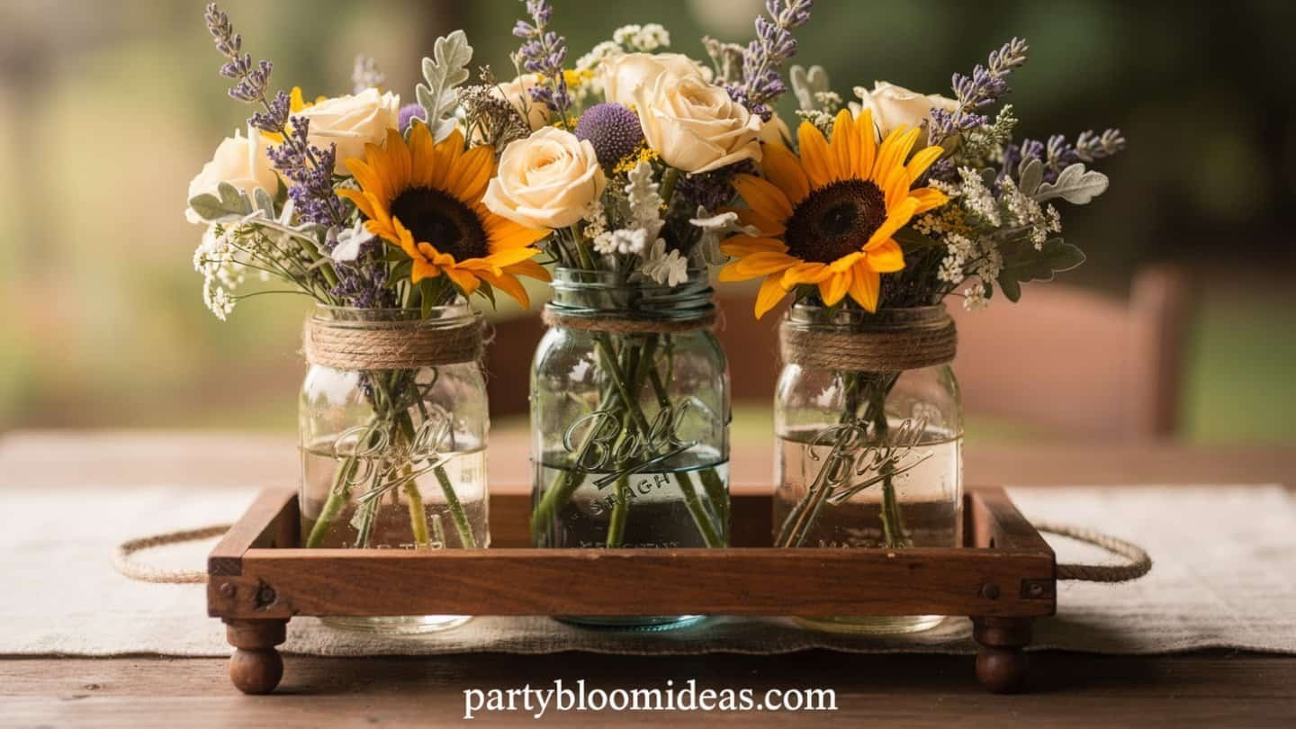 Sunflower and lavender bouquet in mismatched mason jars on a wooden tray
