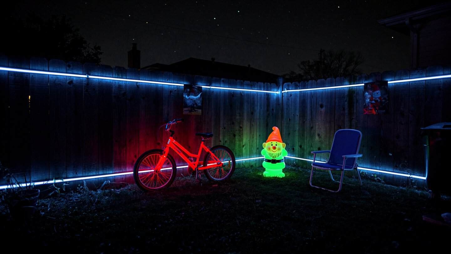 Neon backyard setup glowing under blacklight strips along the fence line