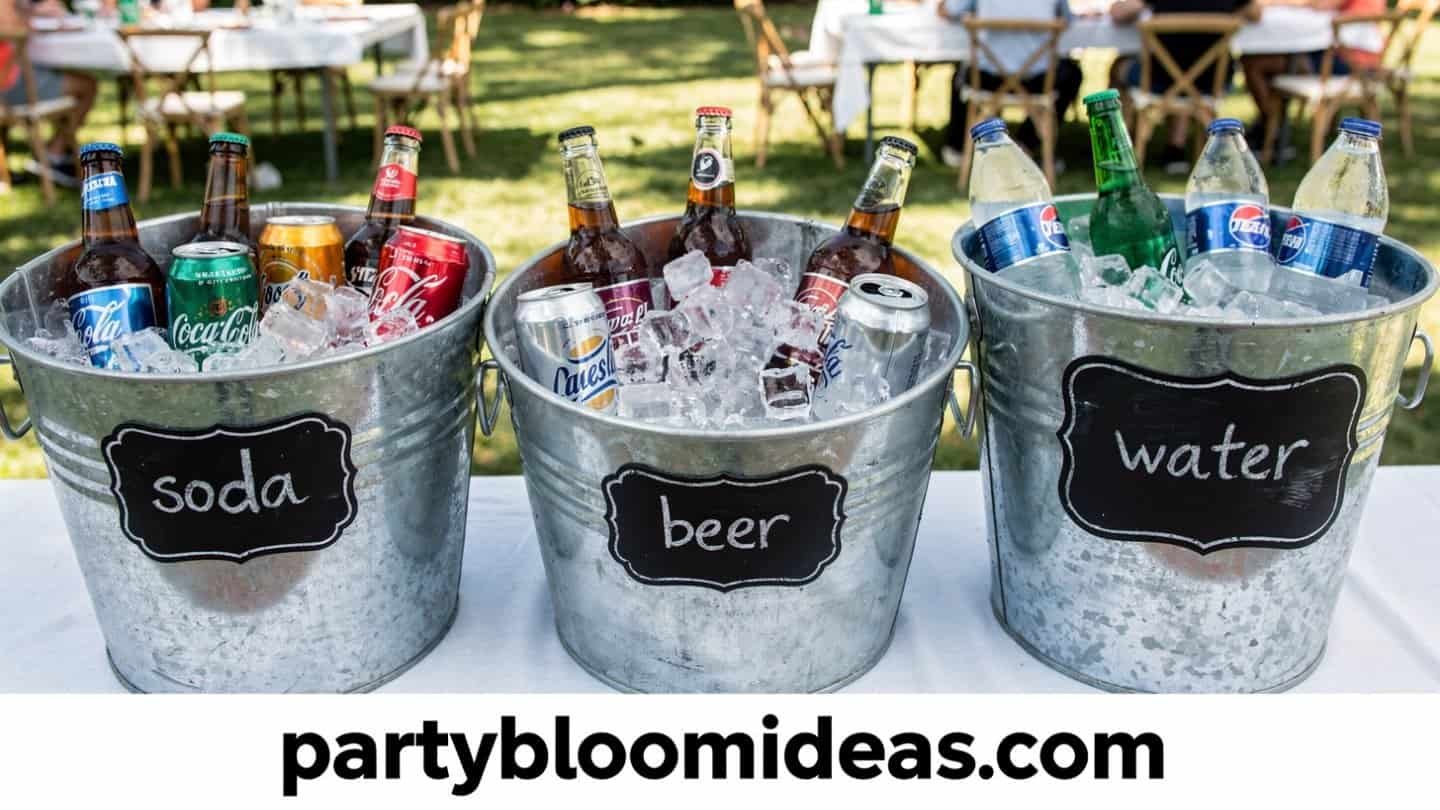 Three galvanized metal tubs labeled soda, beer, and water filled with drinks