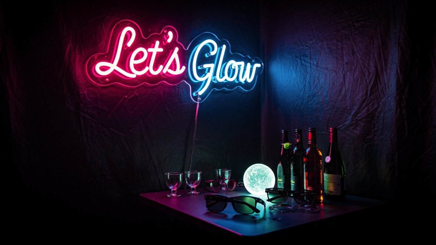 Neon 'Let's Glow' LED sign with props on a table at a glow party photo booth