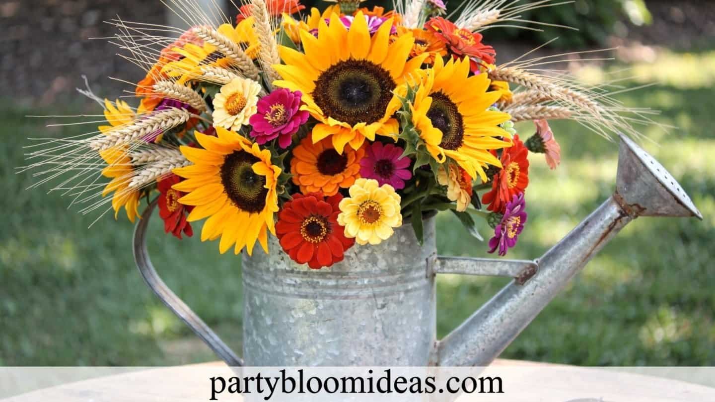 Sunflower and wildflower arrangement in a galvanized watering can