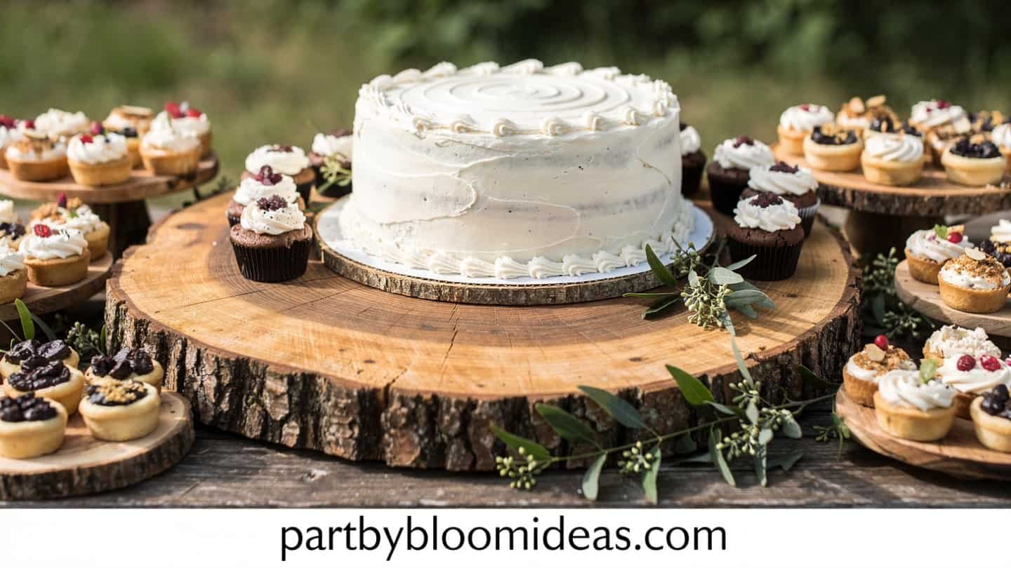 Cake and cupcakes displayed on rustic wood slices at an outdoor dessert table