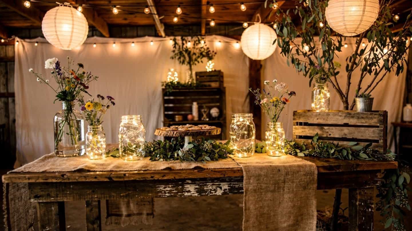Rustic wedding table setup featuring lanterns, flowers, and greenery for a charming celebration.