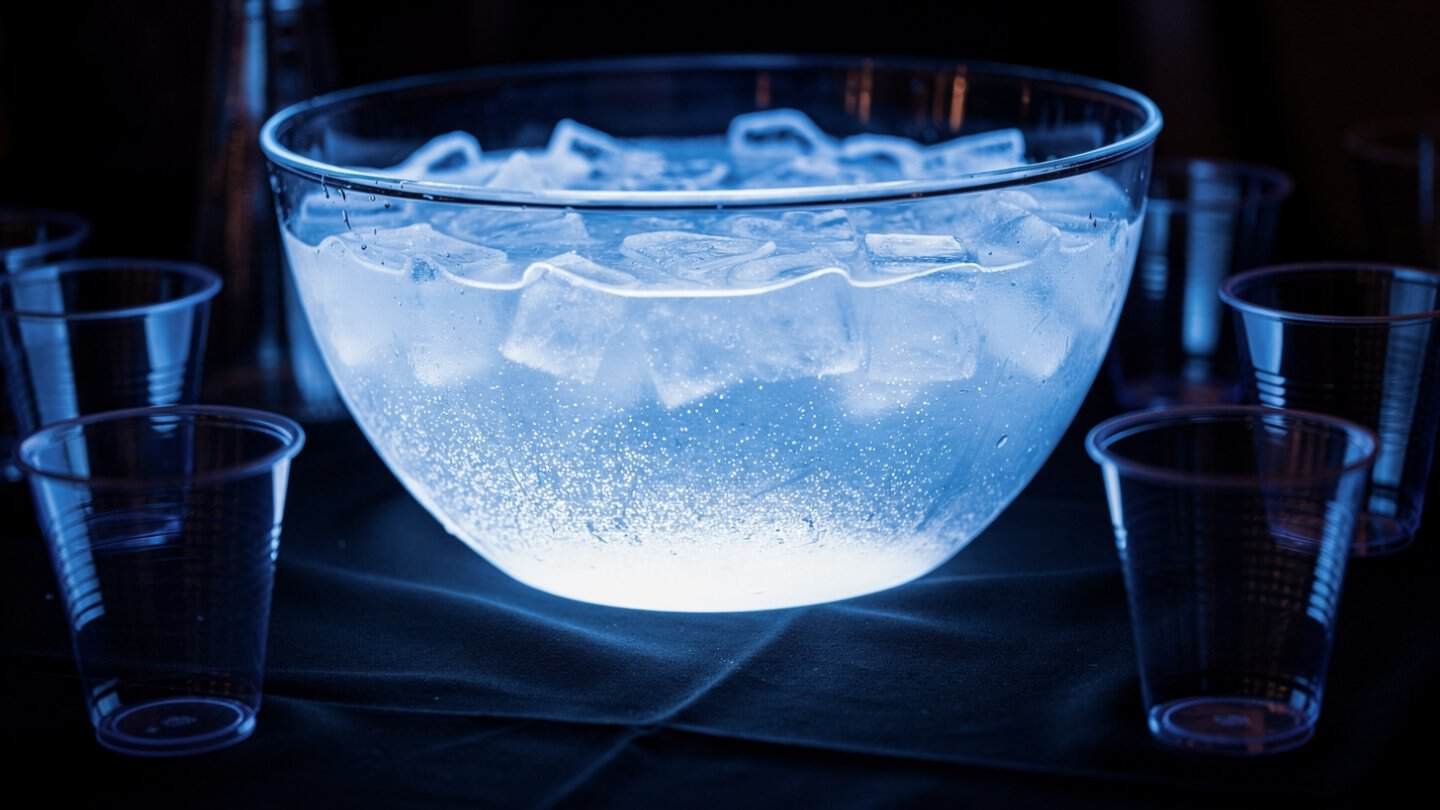 Clear glass punch bowl glowing under blacklight surrounded by clear plastic cups