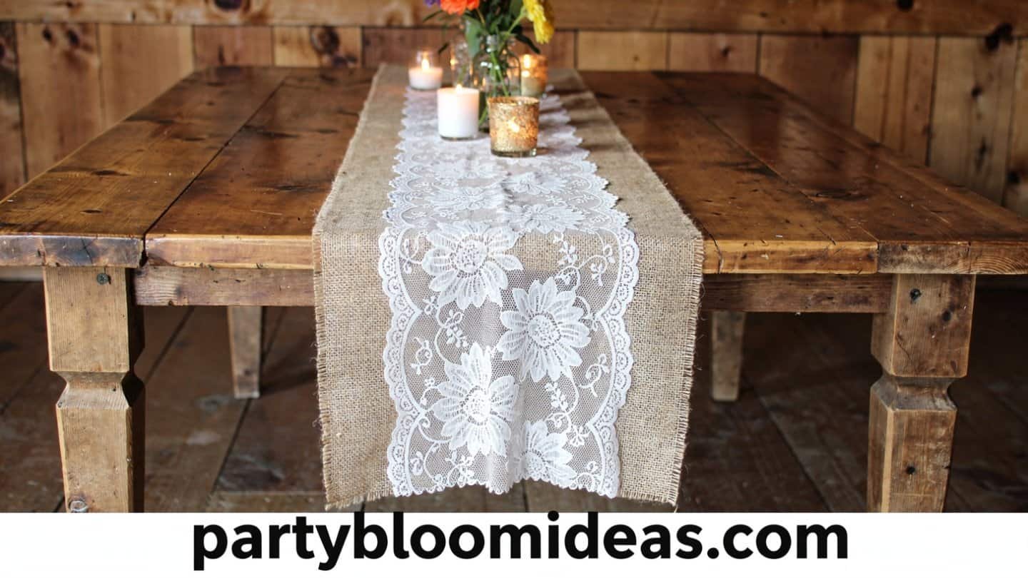 Rustic table setting with burlap and lace runner, candles, and floral arrangement