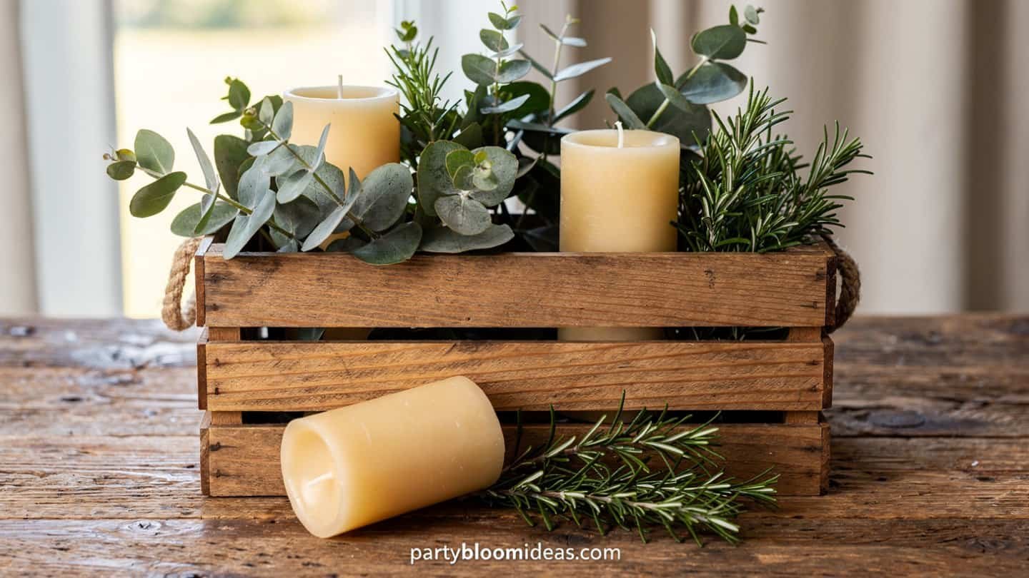 Rustic wooden crate centerpiece with pillar candles and greenery