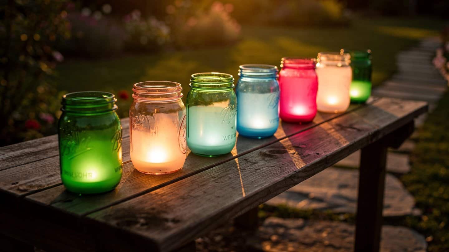 Colorful mason jar glow luminaries lining a table and pathway at night