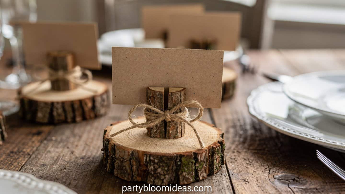 Wood slice place card holders with twine bows for a rustic table setting