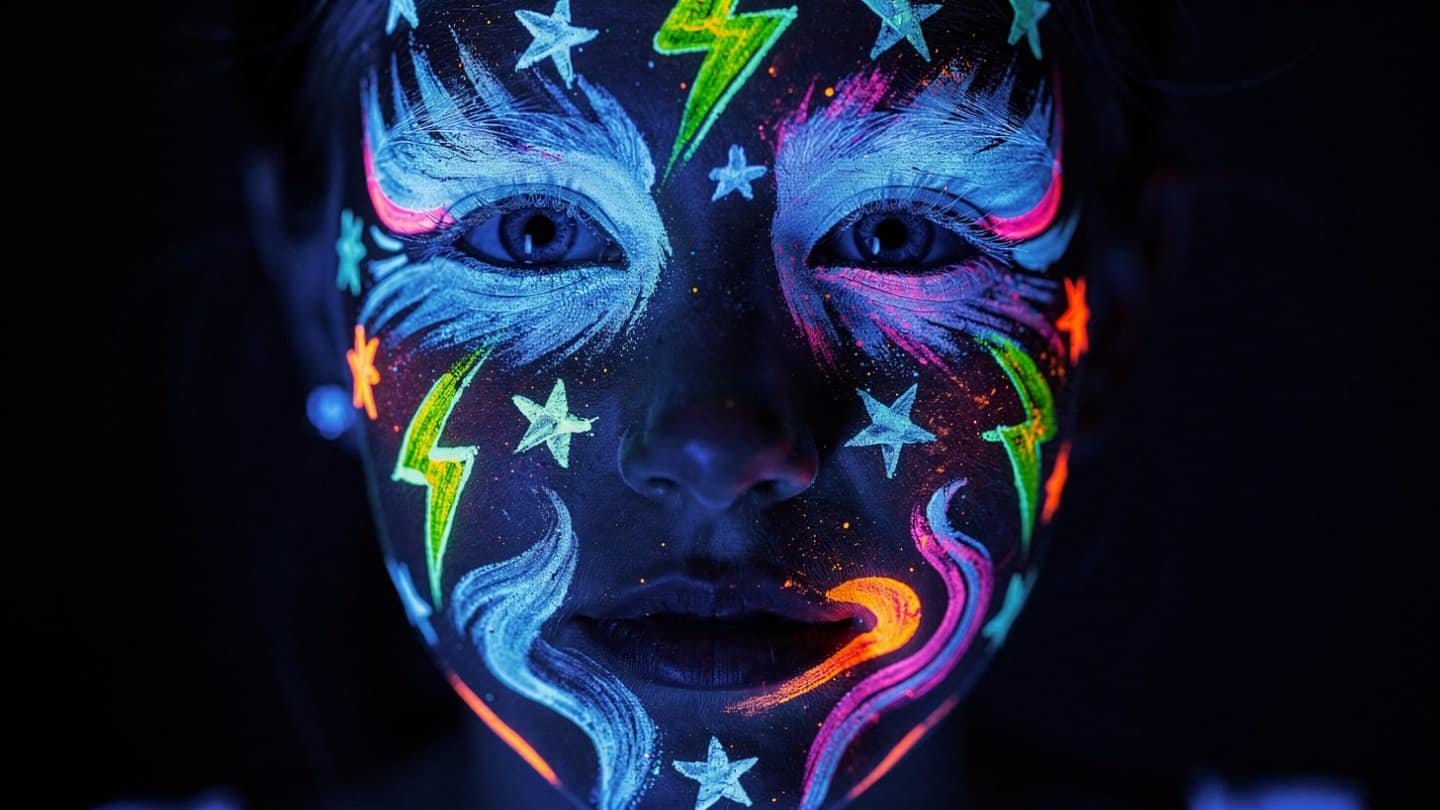 Neon UV face paint with lightning bolts, stars, and swirls glowing under blacklight