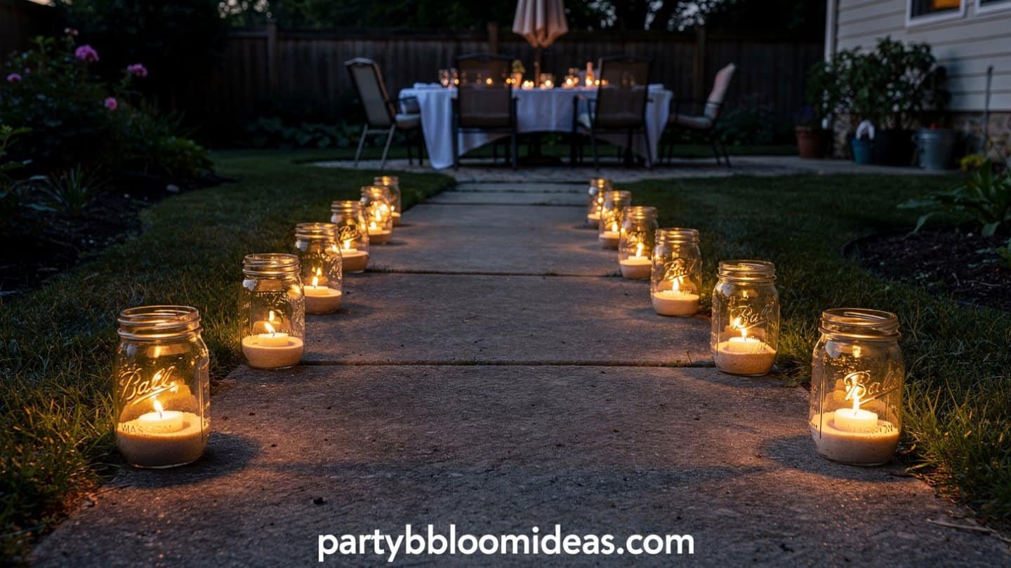Outdoor evening party with candle-lit mason jars lining the pathway