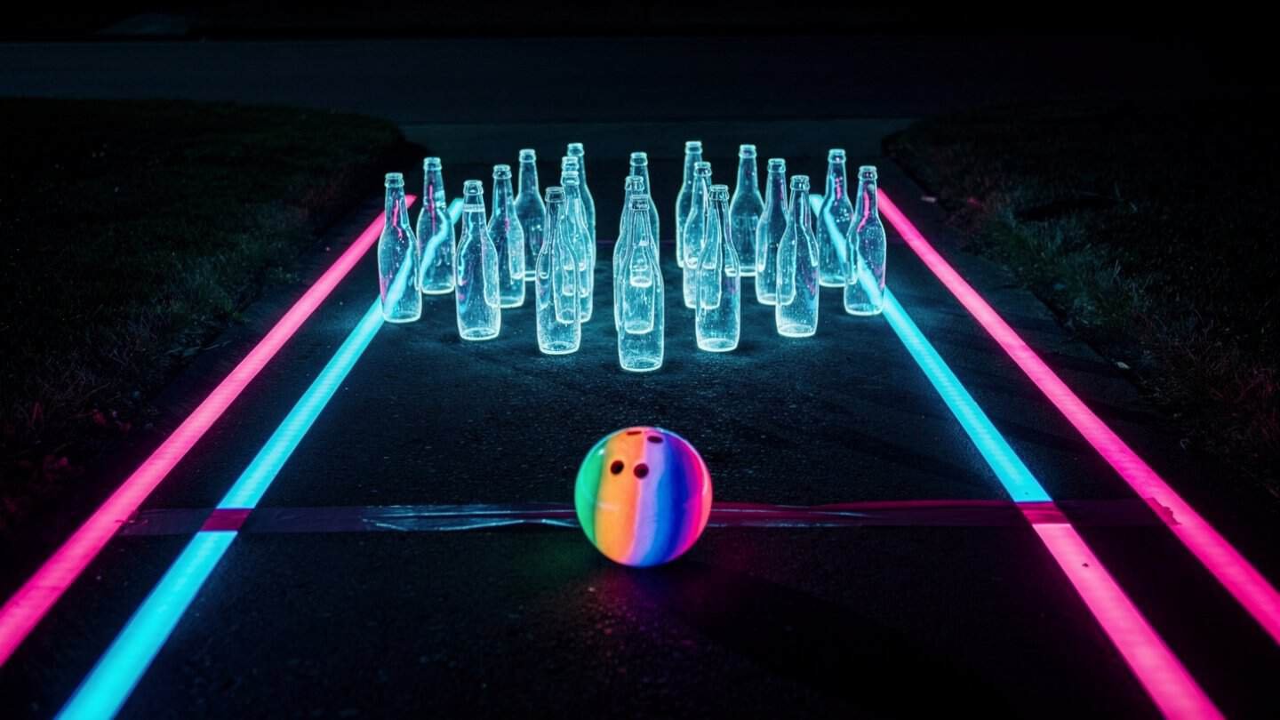 Glow-in-the-dark bowling with illuminated bottle pins and a neon ball at night