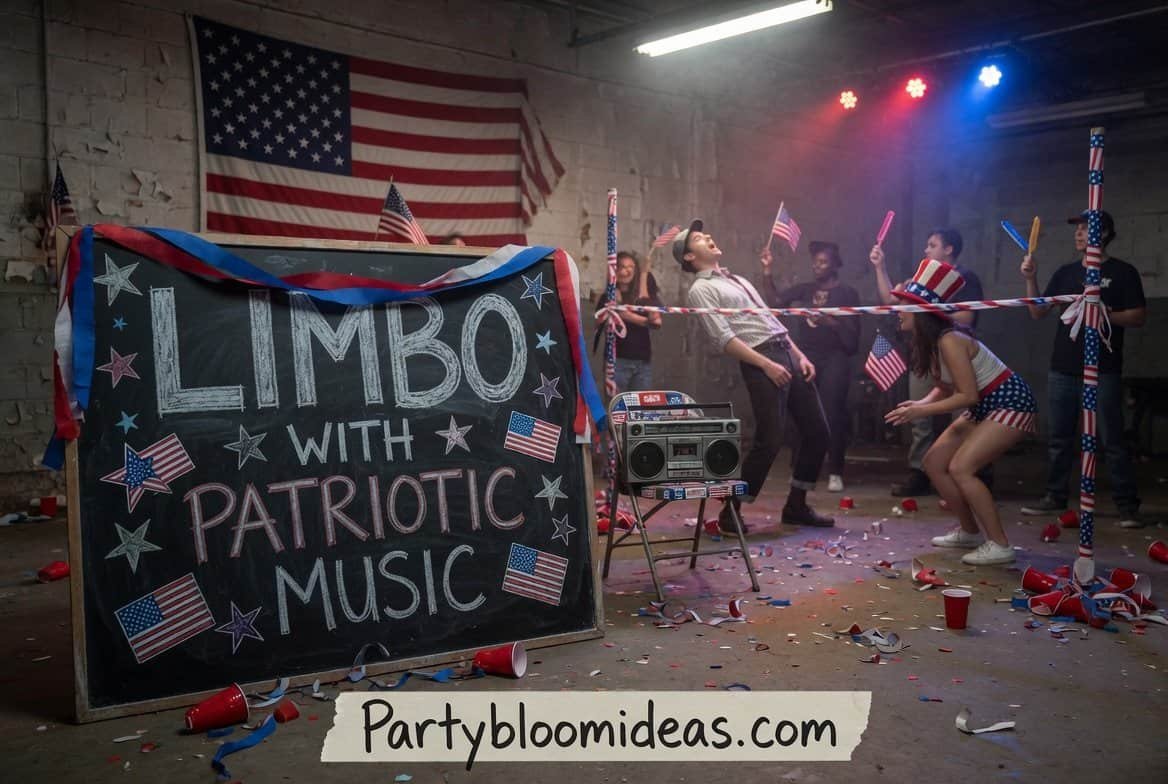 Guests bending backward under a limbo stick decorated in red, white, and blue