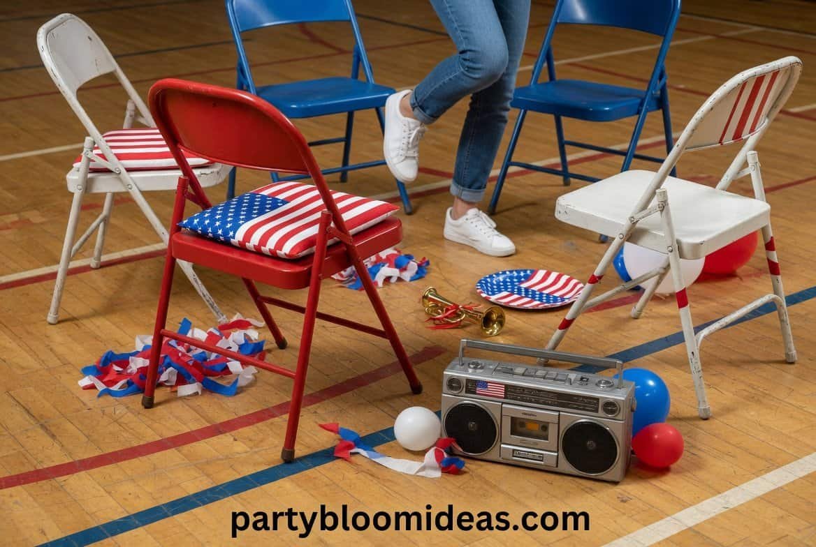 Kids running around chairs playing musical chairs in a festive backyard setup