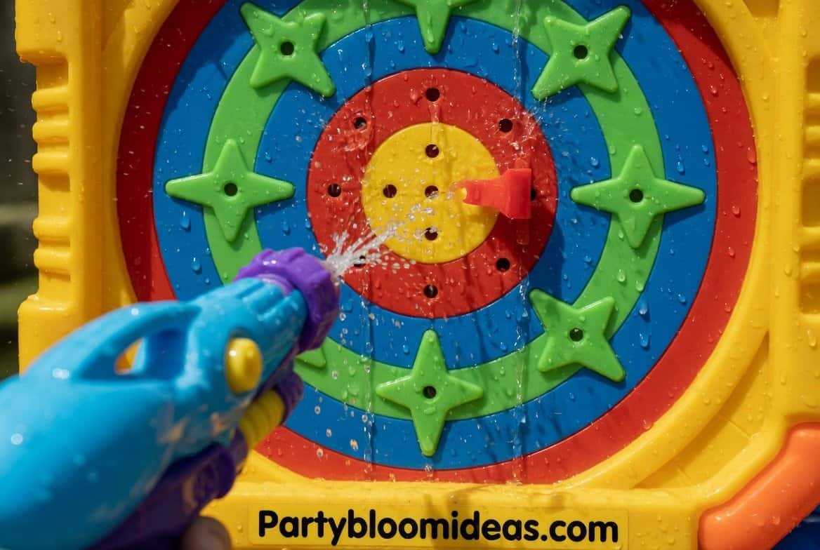 Children aiming water guns at cans lined up as targets in a summer backyard
