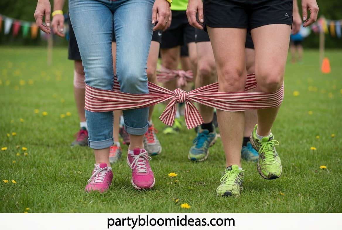 Two players tied together at the legs racing and laughing during a backyard party game