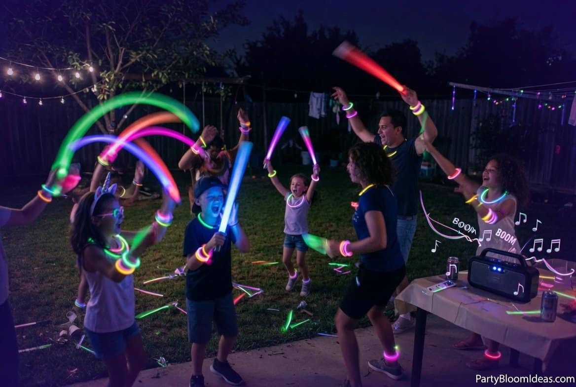 Kids and adults dancing at night with glowing bracelets and sticks in a backyard