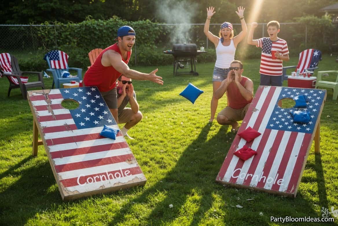 People playing patriotic cornhole with red, white, and blue boards in a backyard summer party